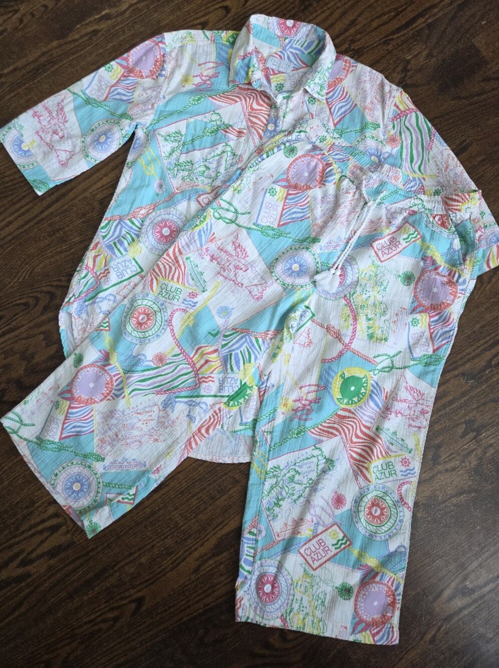 Talbots Aqua Club Cotton Gauze Shirt & Pants Coverup Or Lounge Coastal Vibe Set